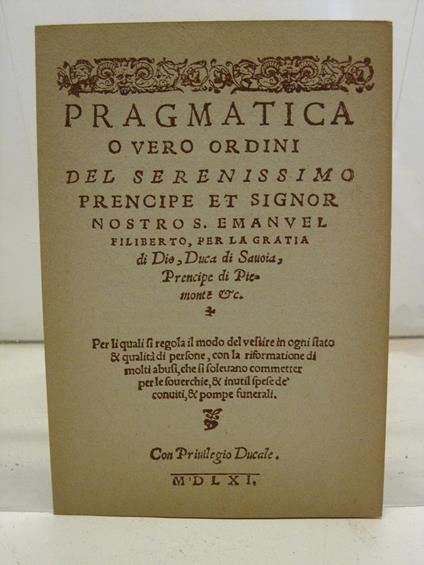 Titoli della pragmatica di Emanuele Filiberto Duca di Savoia scelti da Mario Sancipriano sull'esemplare della Biblioteca Reale di Torino, 14o libretto di MAL'ARIA - copertina