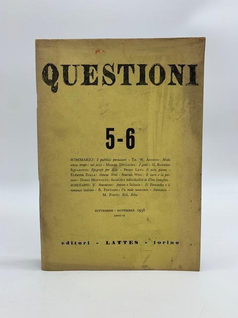 Questioni. Bimestrale di cultura n. 5-6, ottobre - dicembre 1958 anno VI - copertina