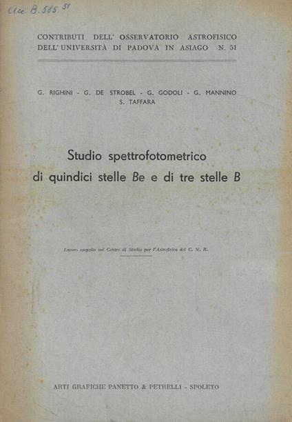 Studio spettrofotometrico di quindici stelle Be e di tre stelle B - copertina