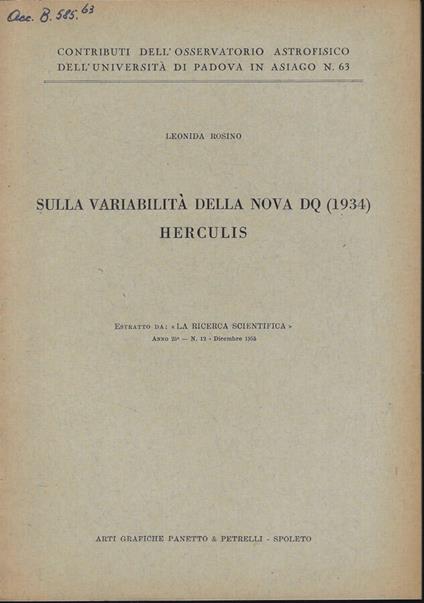 Sulla variabilità della nuova DQ (1934) Herculis - copertina