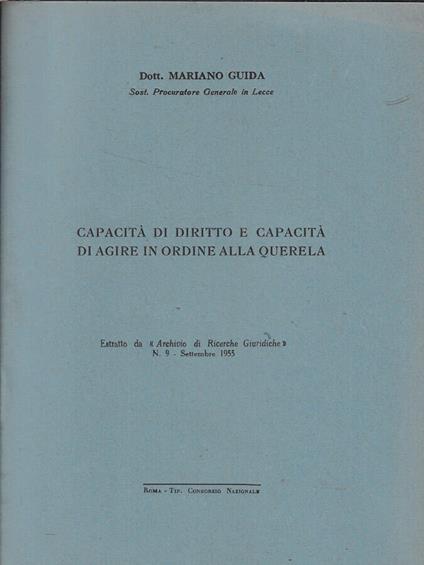 Capacità di diritto e capacità di agire in ordine alla querela - copertina