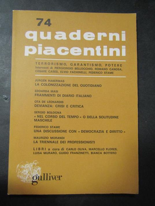 Aa.Vv. 74 Quaderni Piacentini. Terrorismo, Garantismo, Potere. Gulliver. 1980 - copertina