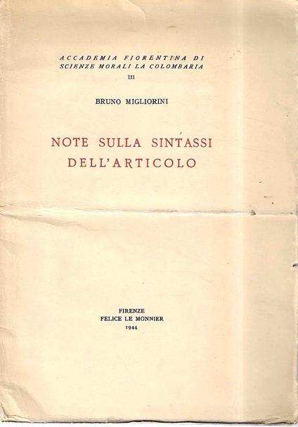 Note sulla sintassi dell'articolo - Bruno Migliorini - copertina