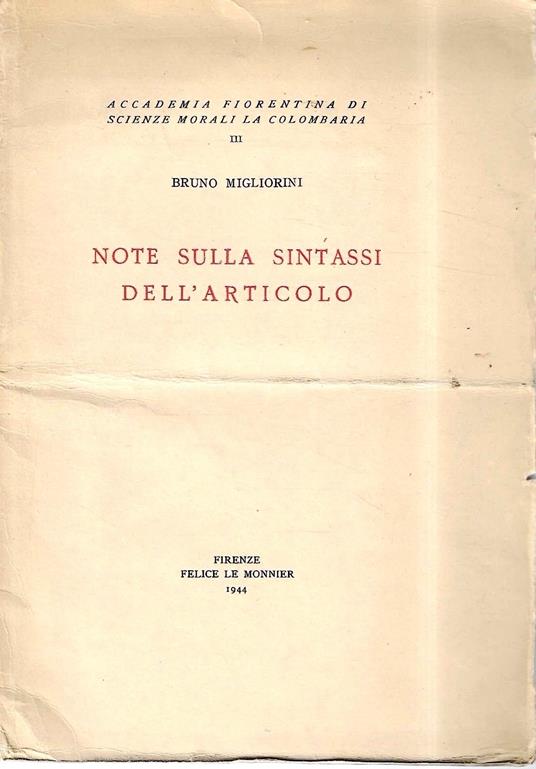 Note sulla sintassi dell'articolo - Bruno Migliorini - copertina