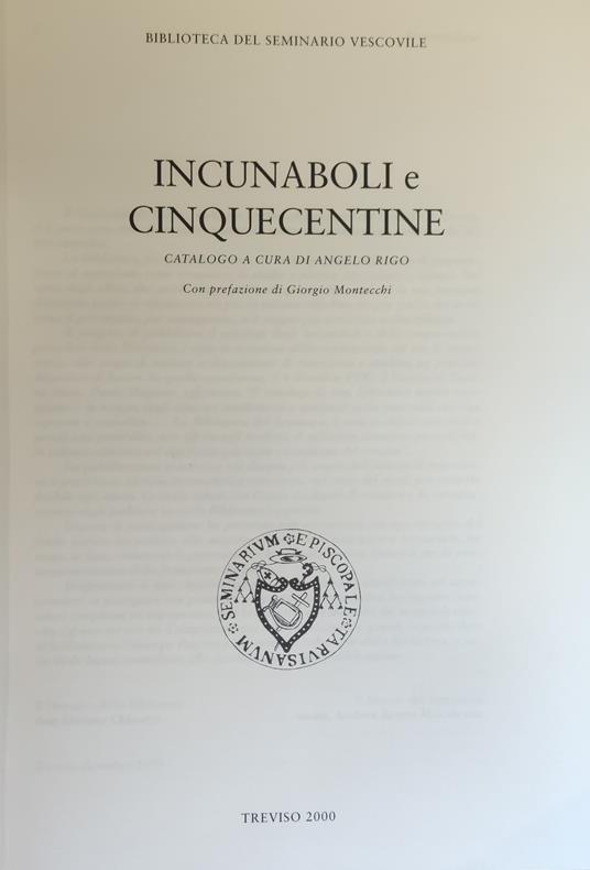 Incunaboli E Cinquecentine. Catalogo - copertina