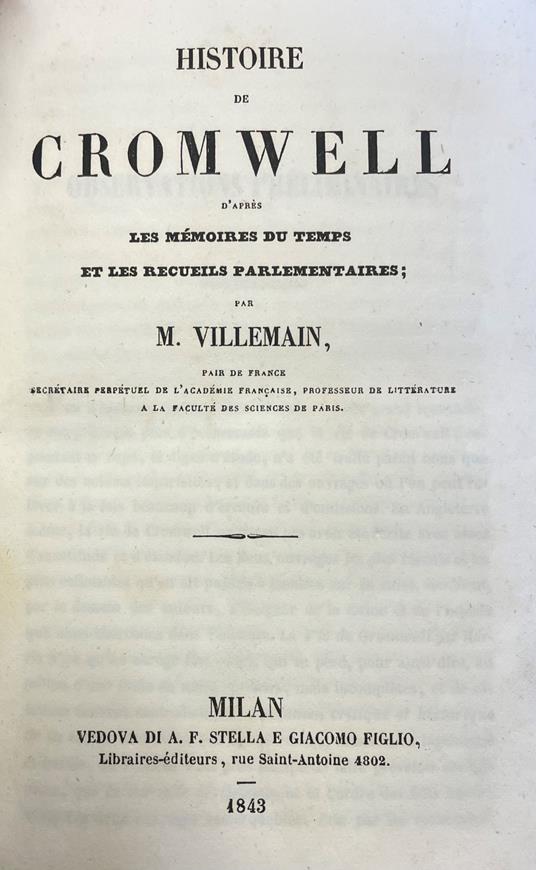 Histoire De Cromwell D'Apres Les Memoires Du Temps Et Les Recueils Parlementaires - M. Villemain - copertina
