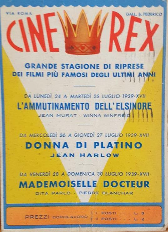 Cartolina pubblicitaria CINE REX Torino Galleria San Federico 1939 - copertina