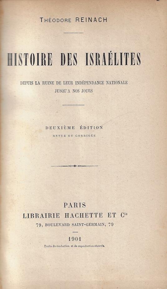 Histoire des israelites depuis la ruine de leur independance nationale jusqu'a nos jours - Théodore Reinach - copertina
