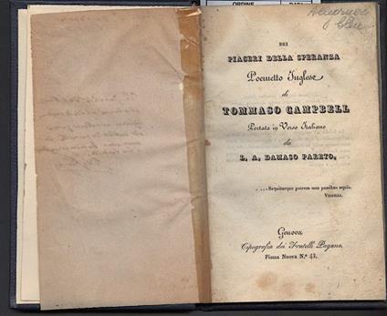 DEI PIACERI DELLA SPERANZA, Poemetto inglese - copertina