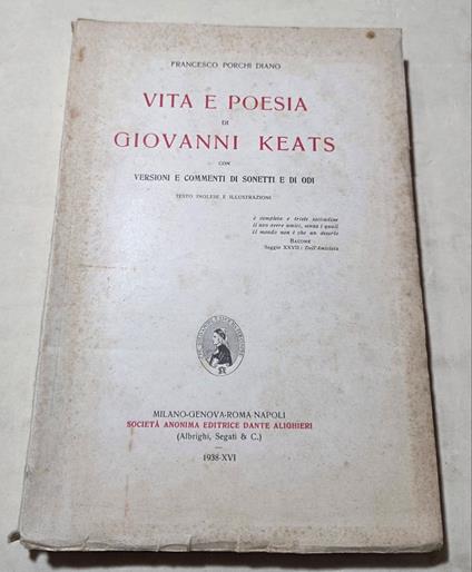 Vita e poesia di Giovanni Keats - Con versioni e commenti di sonetti e di odi - Francesco Porchi Diano - copertina