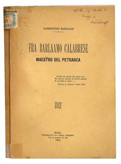 Fra Barlaamo calabrese maestro del Petrarca - Giannantonio Mandalari - copertina