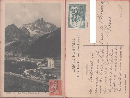 Chamonix. Les Pratz et l' Aiguille du Drû. Viaggiata 1910. Erinnofilo Giovanna d'Arco - copertina