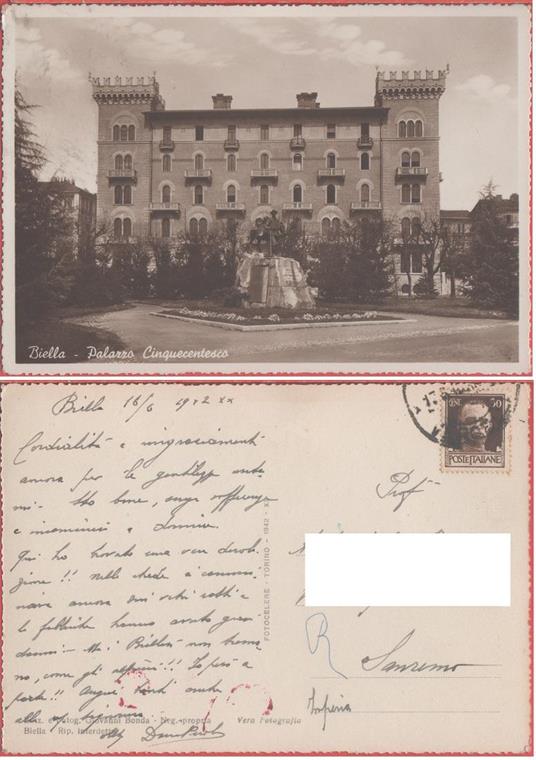 Biella. Palazzo cinquecentesco. Viaggiata 1942. Fotografica - copertina
