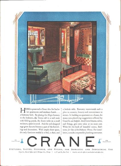 Crane. Fixtures, valves, fittings and piping. Pubblicità 1929 - copertina