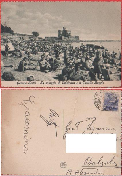 Genova Sestri. La Spiaggia di Calcinara e Il Castello Raggio. Viaggiata 1949 - copertina