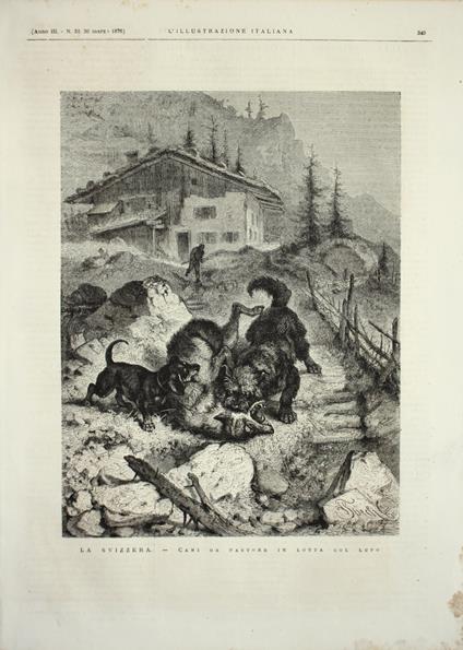La Svizzera. Cani da pastore in lotta col lupo. Stampa 1876 - copertina