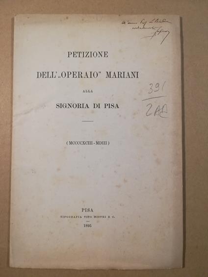 Petizione dell ''operaio'' Mariani alla Signoria di Pisa - copertina