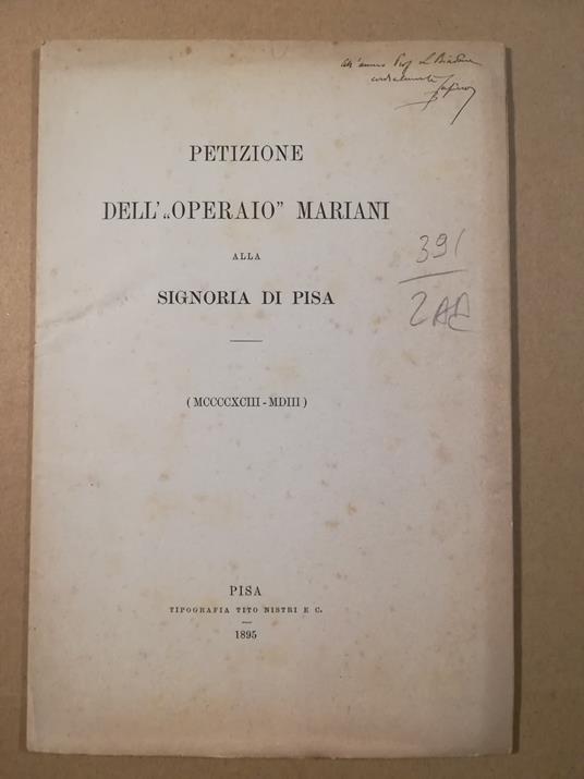 Petizione dell ''operaio'' Mariani alla Signoria di Pisa - copertina