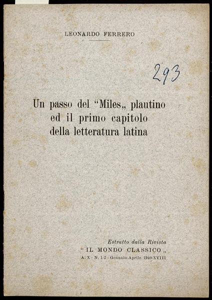 Un passo del “Miles” plautino ed il primo capitolo della letteratura italiana - Leonardo Ferrero - copertina