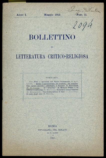 Bollettino di Letteratura critico-religiosa - Giulio Farina - copertina