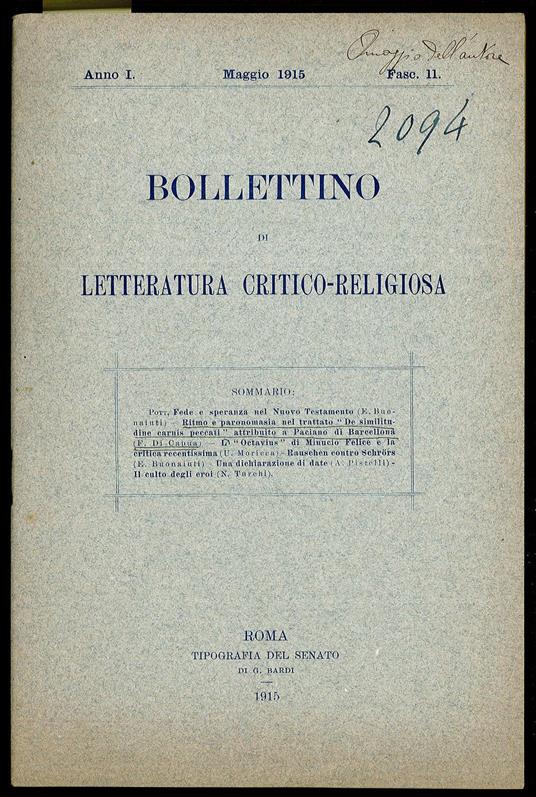 Bollettino di Letteratura critico-religiosa - Giulio Farina - copertina