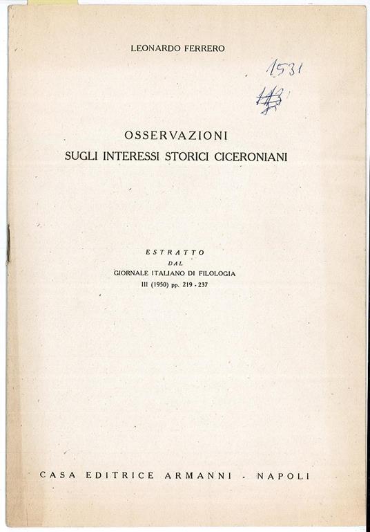 Osservazioni sugli interessi storici ciceroniani - Leonardo Ferrero - copertina