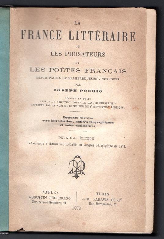 La France Litterature ou les prosateurs et les poetes francais - copertina