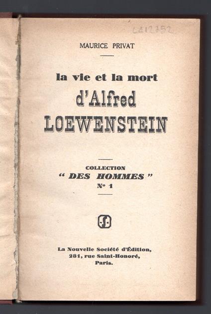 La vie e la mort d'Alfred Loewenstein - copertina