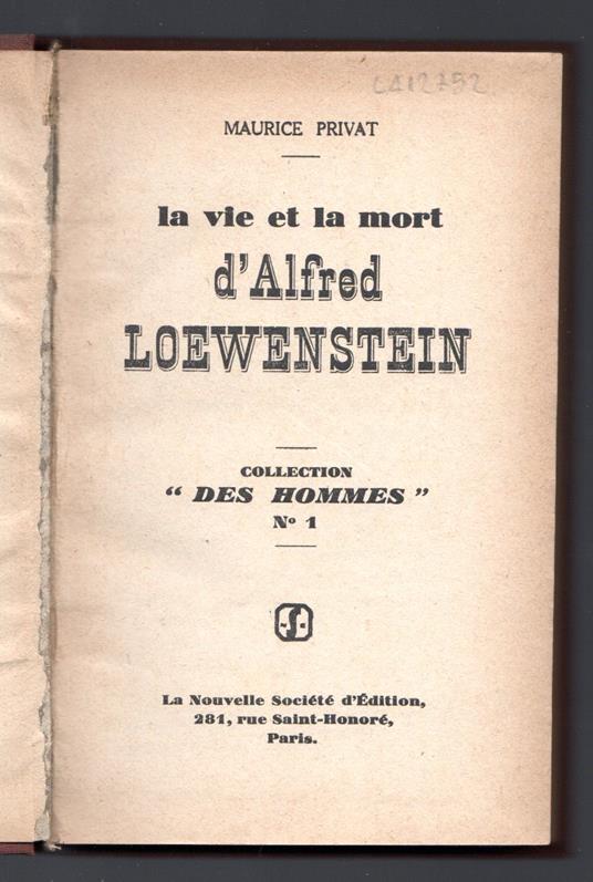 La vie e la mort d'Alfred Loewenstein - copertina