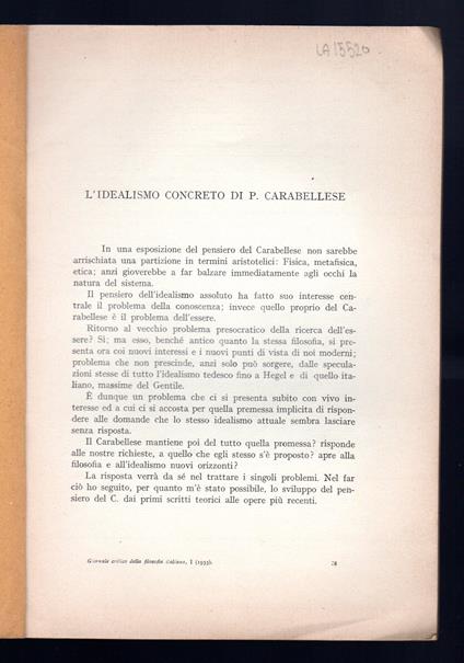 L'idealismo concreto di P. Carabellese - copertina