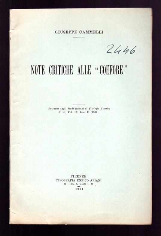 Note critiche alle ''Coefore'' - Giuseppe Cammelli - copertina