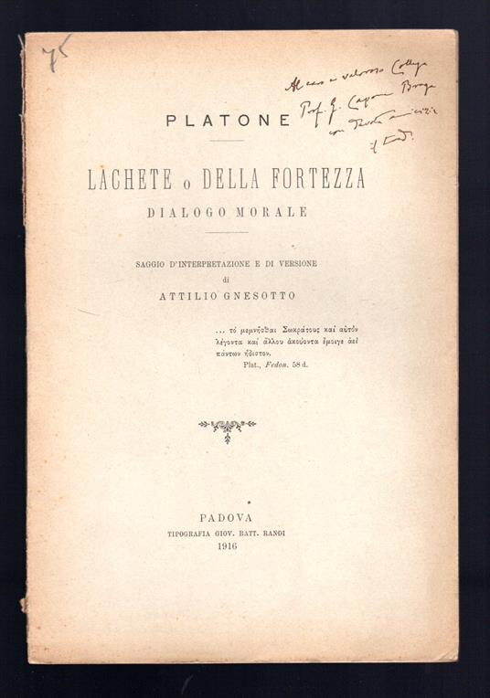 Platone - Lachete o della fortezza - Dialogo morale - copertina