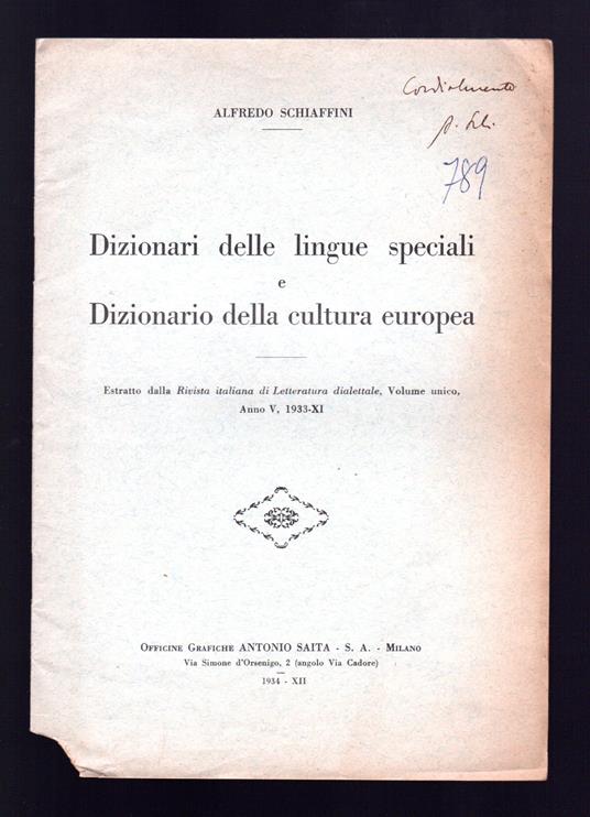 Dizionari delle lingue speciali e dizionario della cultura europea - Alfredo Schiaffini - copertina