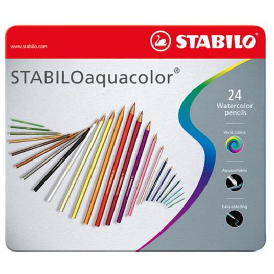 Matita colorata acquarellabile - STABILOaquacolor - Scatola in Metallo da 24 - Colori assortiti