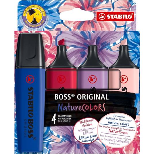 Evidenziatore - STABILO BOSS ORIGINAL NatureCOLORS Wildflower - Astuccio da 4 - Cipria/Blu elettrico/Giglio Viola/Borgogna