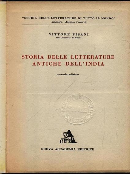 Storia delle letterature antiche dell'India - Vittore Pisani - copertina