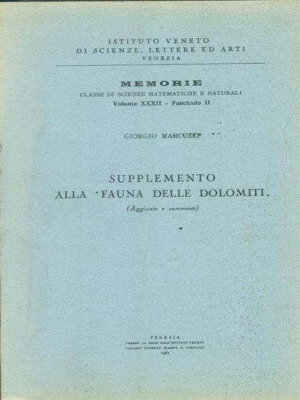 Supplemento alla fauna delle dolomiti - Giorgio Marcuzzi - copertina