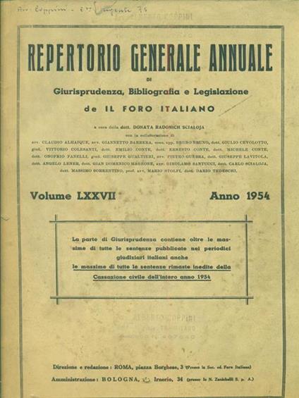 Repertorio generale annuale di Giurisprudenza 1954 -   - copertina