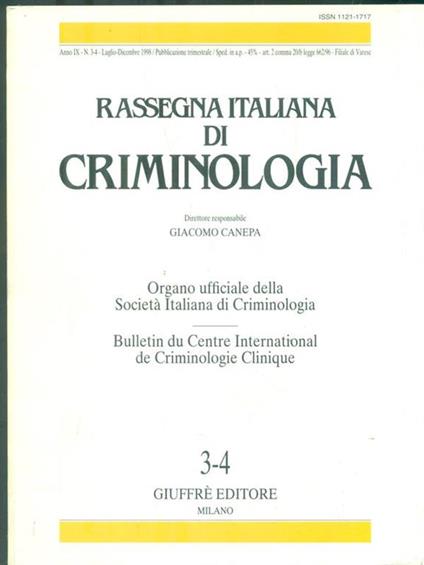 Rassegna italiana di criminologia. Anno IX- N.3-4/ Luglio-dicembre 1998 -   - copertina