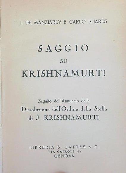 Saggio su Krishnamurti - I. De Manziarly - copertina