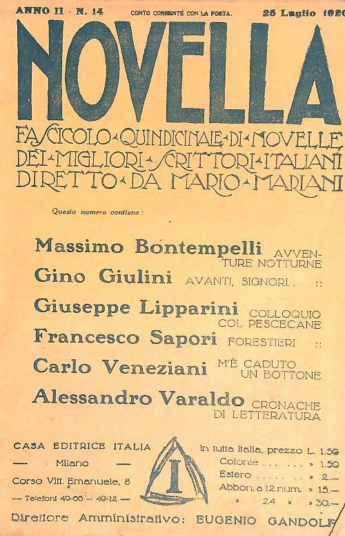 Novella. Fascicolo quindicinale di novelle dei migliori scrittori italiani. n 14/26 luglio 1920