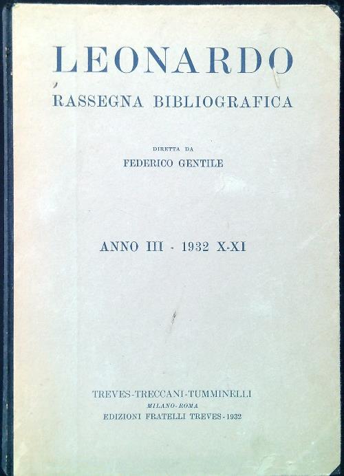 Leonardo. Rassegna Bibliografica - Anno III, 1931 X-XI - copertina