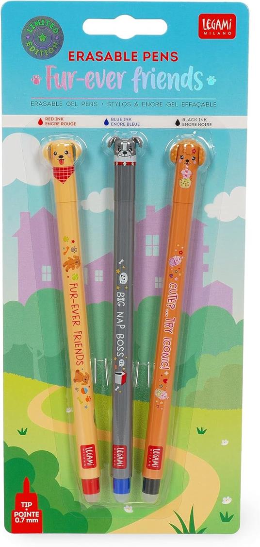 Legam Set di 3 Penne Gel Cancellabili Fur-ever Friends, Penne con Inchiostro Cancellabile Termosensibile, Nero, Blu, Rosso - 6