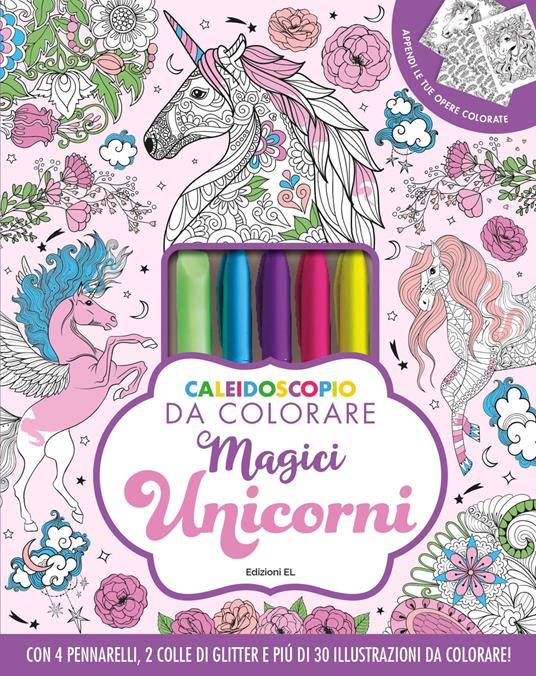 Caleidoscopio da colorare. Magici unicorni. Ediz. illustrata. Con 2 colle glitterate. Con 4 pennarelli - copertina