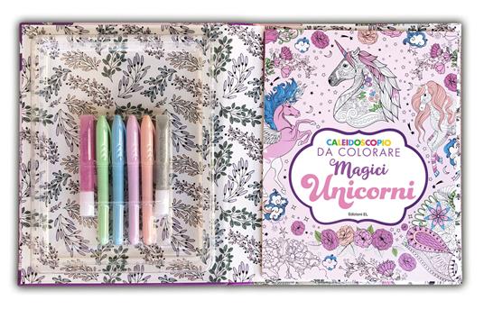 Caleidoscopio da colorare. Magici unicorni. Ediz. illustrata. Con 2 colle glitterate. Con 4 pennarelli - 4