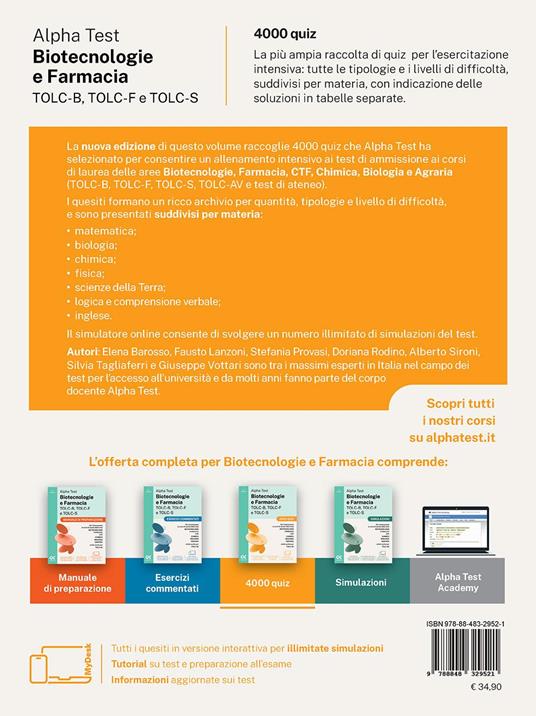Alpha Test. Biotecnologie e Farmacia TOLC-B, TOLC-F e TOLC-S 2026-2027. 4000 quiz. Per test di ammissione universitari, anche TOLC-AV. Con simulatore online - 2